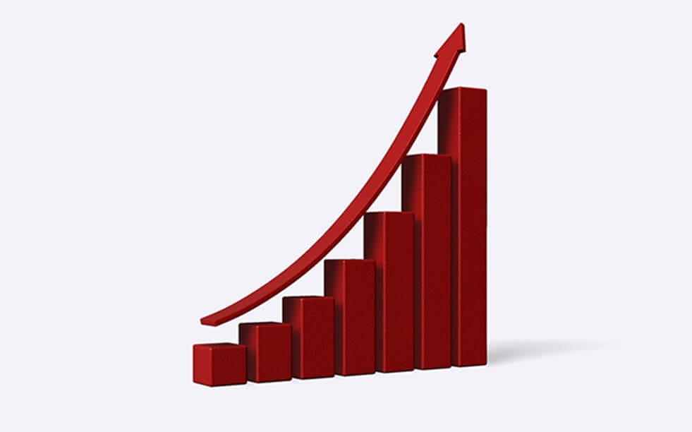 A 3D bar graph with ascending red bars and upward trending arrow indicating growth.