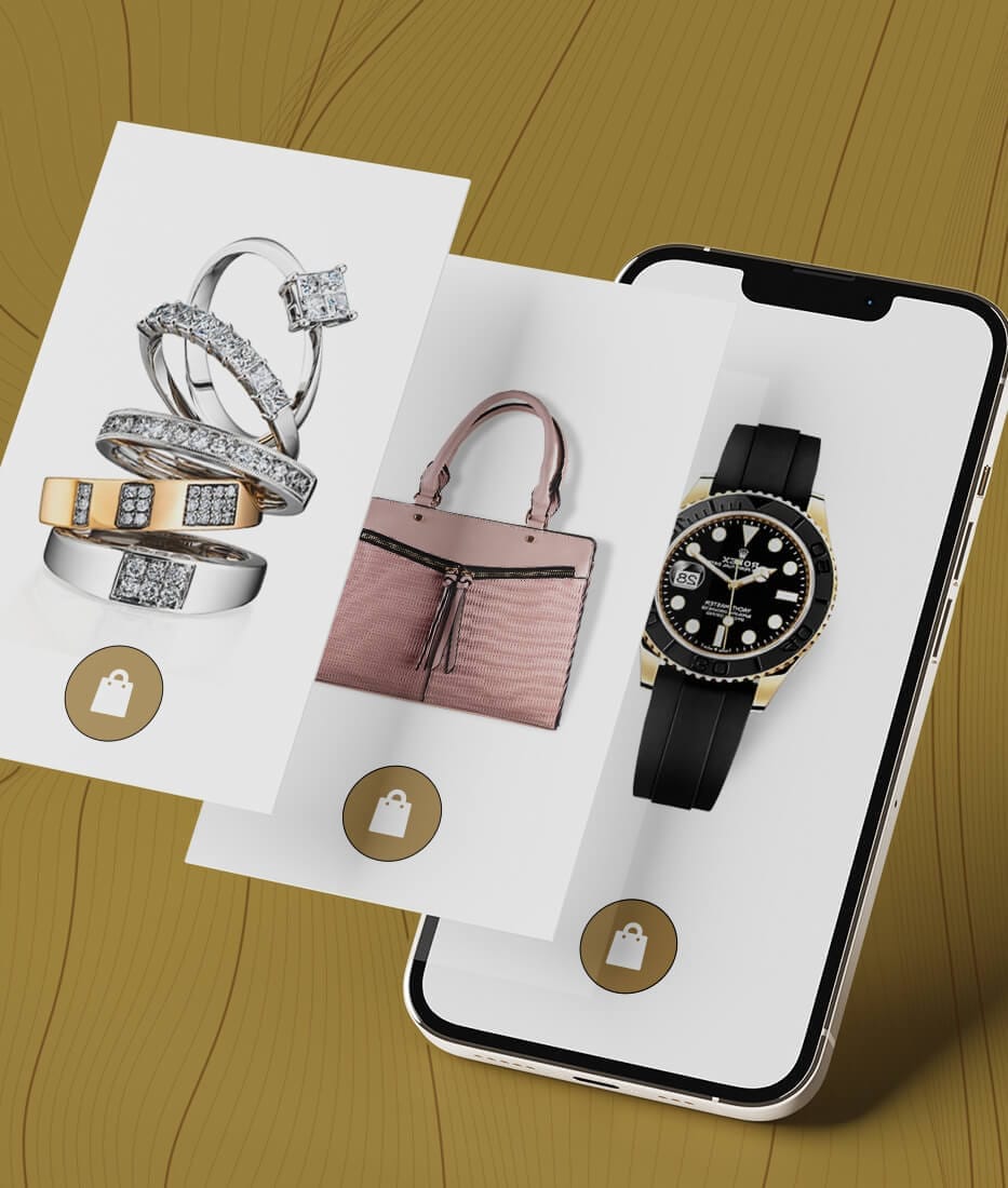 A smartphone displays luxury items: diamond rings, a pink handbag, and a black watch, all featuring lock icons for secure shopping.