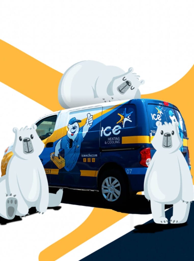 ICE Heating Cooling and Plumbing van and cartoon bears