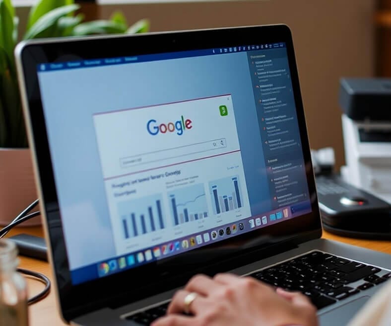 Laptop on desk, person's hands typing.