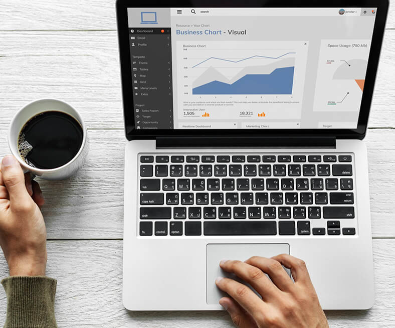 Person holding a coffee cup while working on a laptop displaying charts.