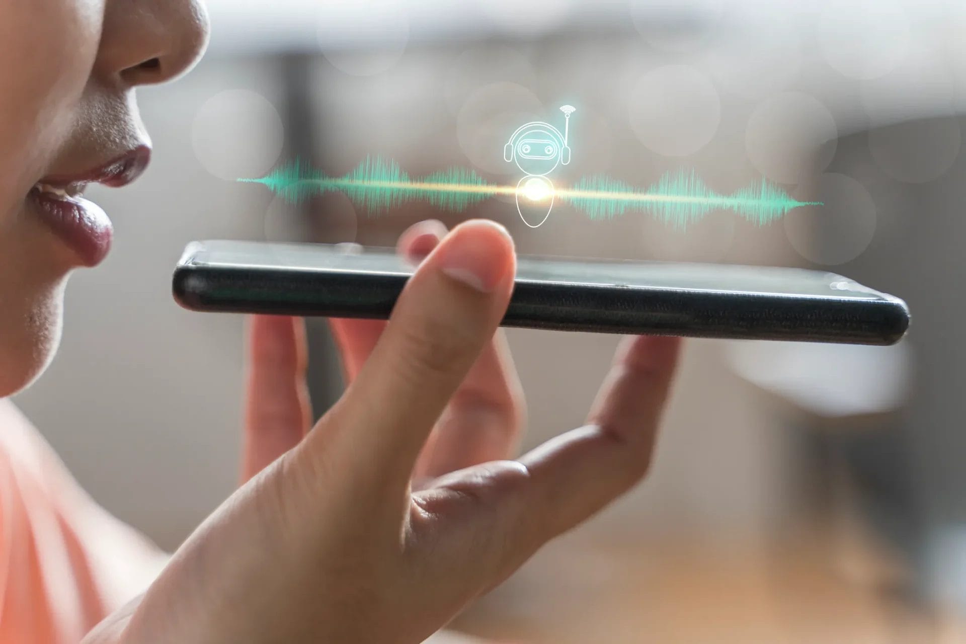 a businessman using a smartphone to interact with an voice ai agents, accompanied by an icon showcasing chatbot technology