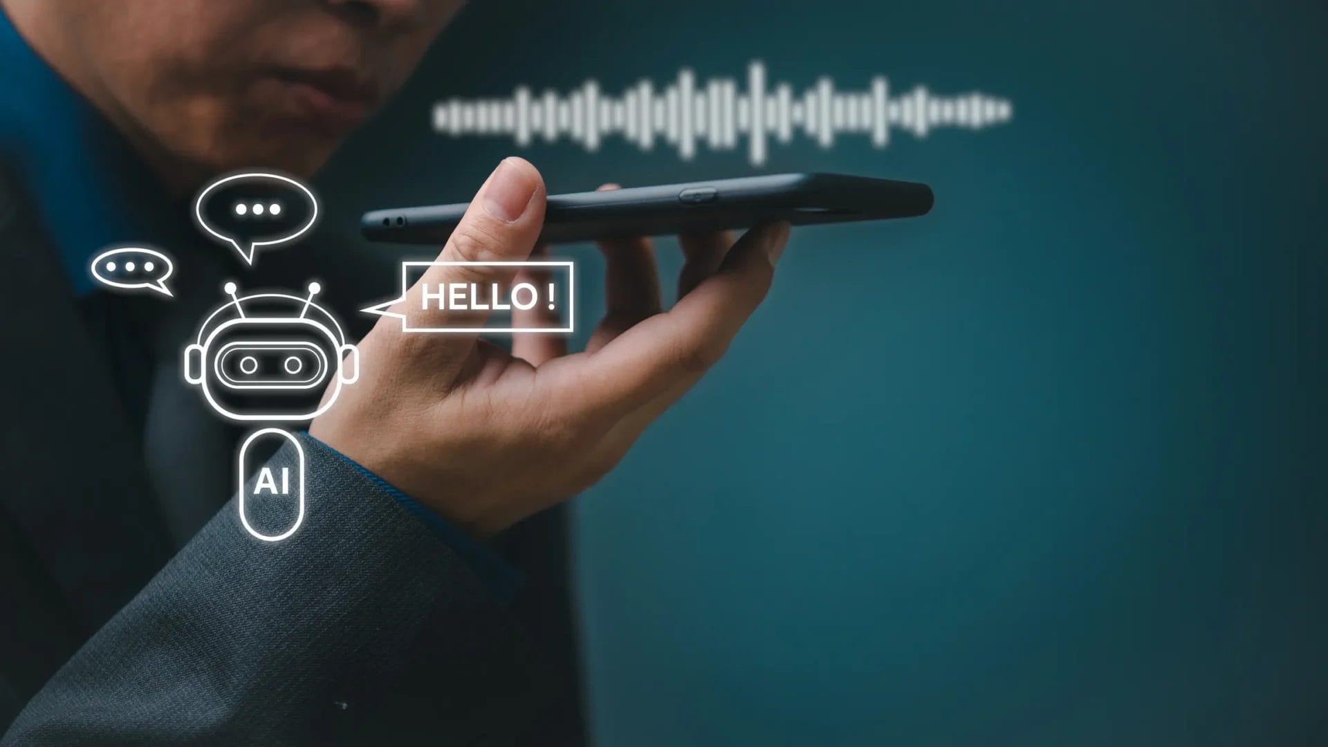 a man in a suit engaging in a conversation with a voice ai agent, utilizing advanced lead quality recognition technology for smooth interaction