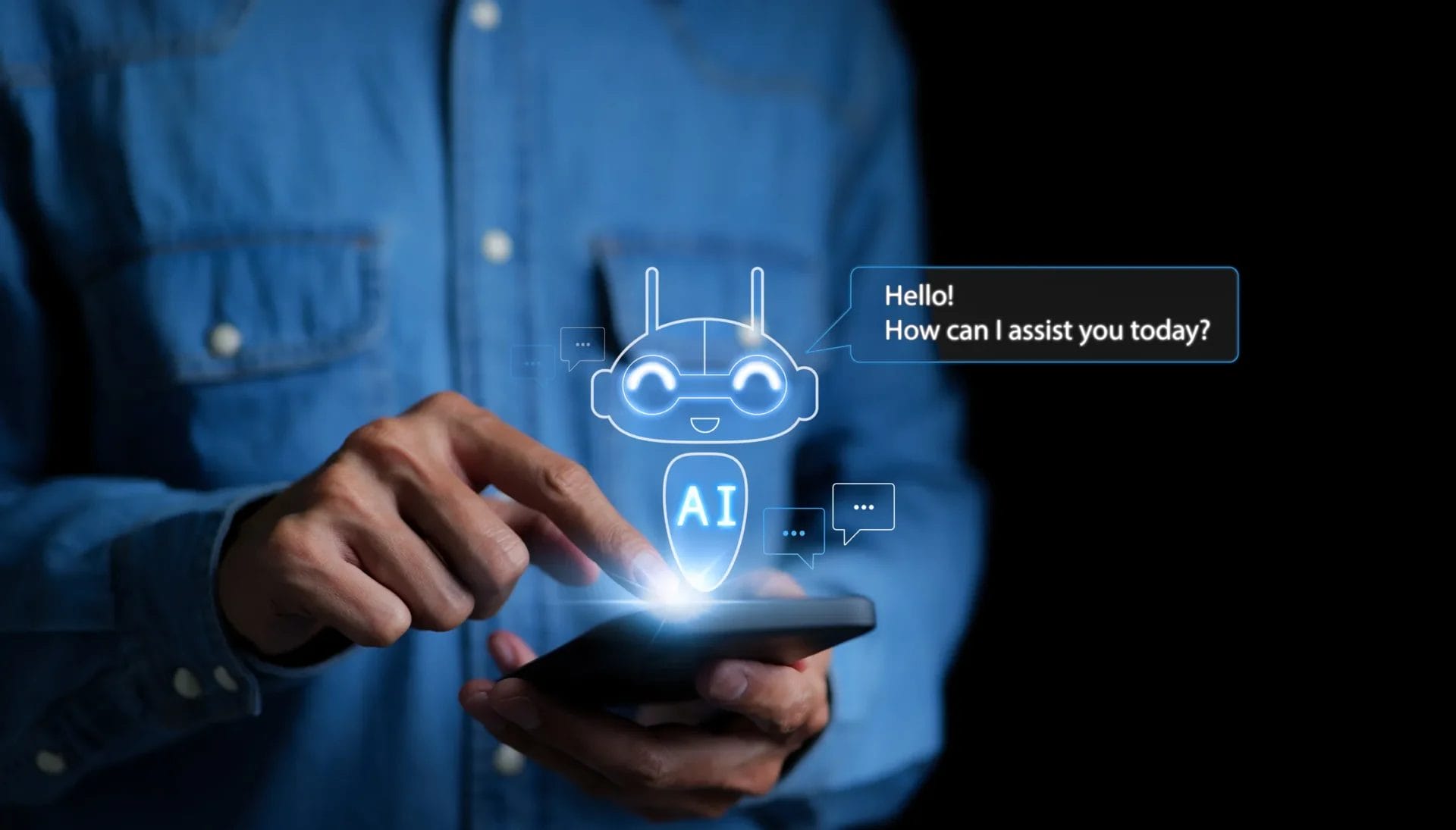 a man using a smartphone to chat with an intelligent artificial intelligence system as voice ai, receiving instant, accurate answers to his queries