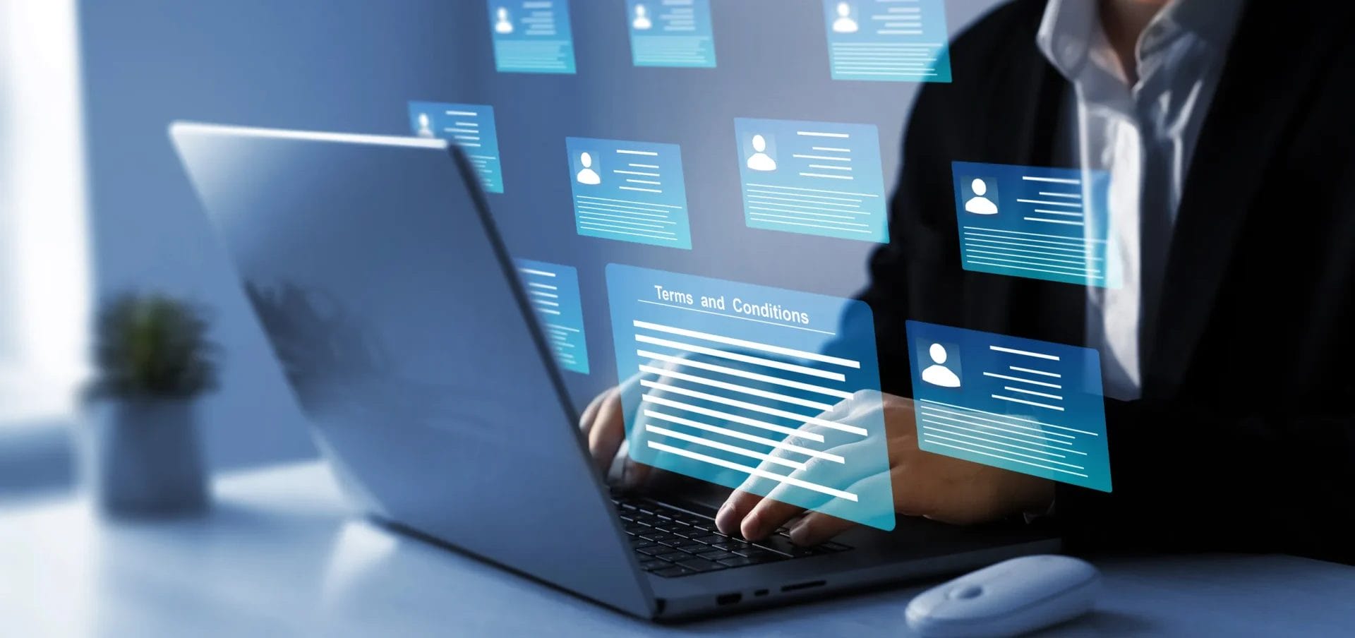 businessman intently examining accessibility metrics on a screen, with accompanying forms and reports organized in front of him