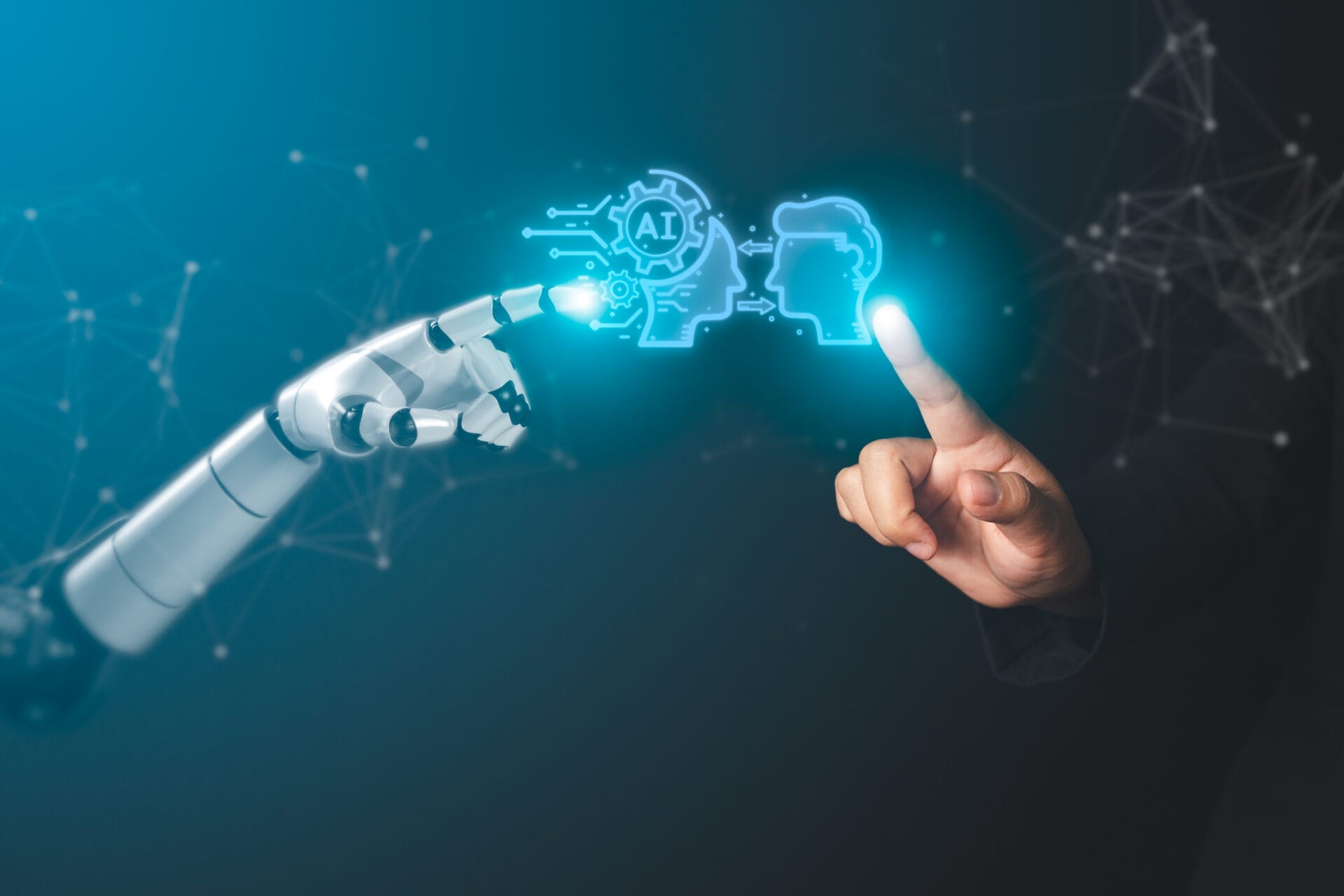 human and robot hands are touching on a virtual screen showing learning mutual information exchange, development of robot system database and ai, development of artificial intelligence, communication to increase the limits of ai functions