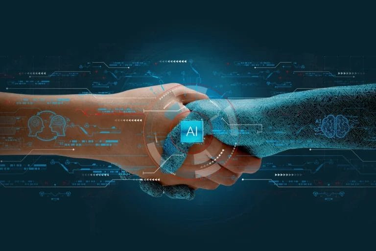 humans shake hands with ai to show partnership machine learning to enable and work together to achieve greater innovation and success