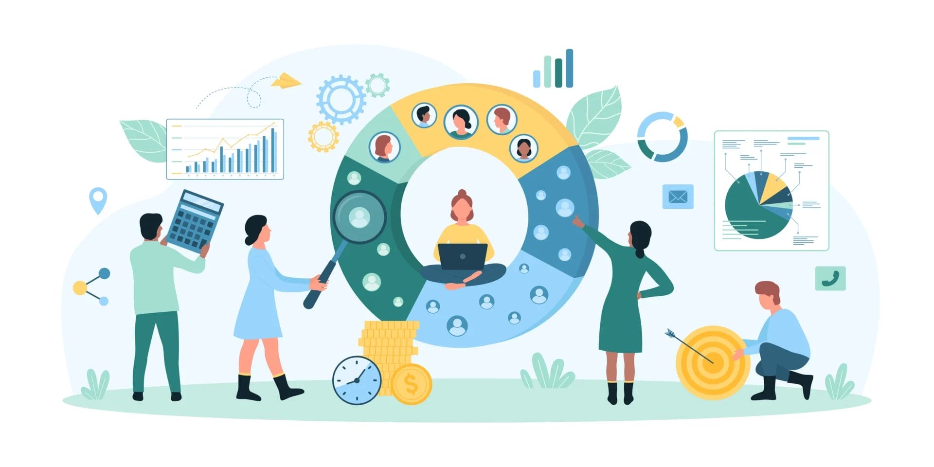 A colorful cartoon illustration of a marketing team made up of tiny people analyzing a pie chart. The chart represents audience segmentation, with different sections labeled by color. Some team members are pointing at the chart, while others are holding tools like magnifying glasses and notebooks to represent lead tracking and brand positioning among potential customers.