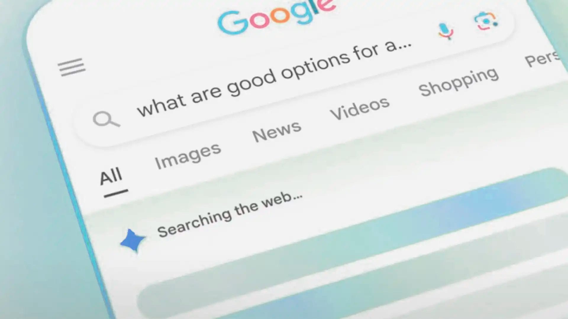 Close-up of a smartphone screen displaying a Google search in progress with the partially typed query 'what are good options for a...' and a loading AI Overview animation that reads 'Searching the web...' for results with generative engine optimization.