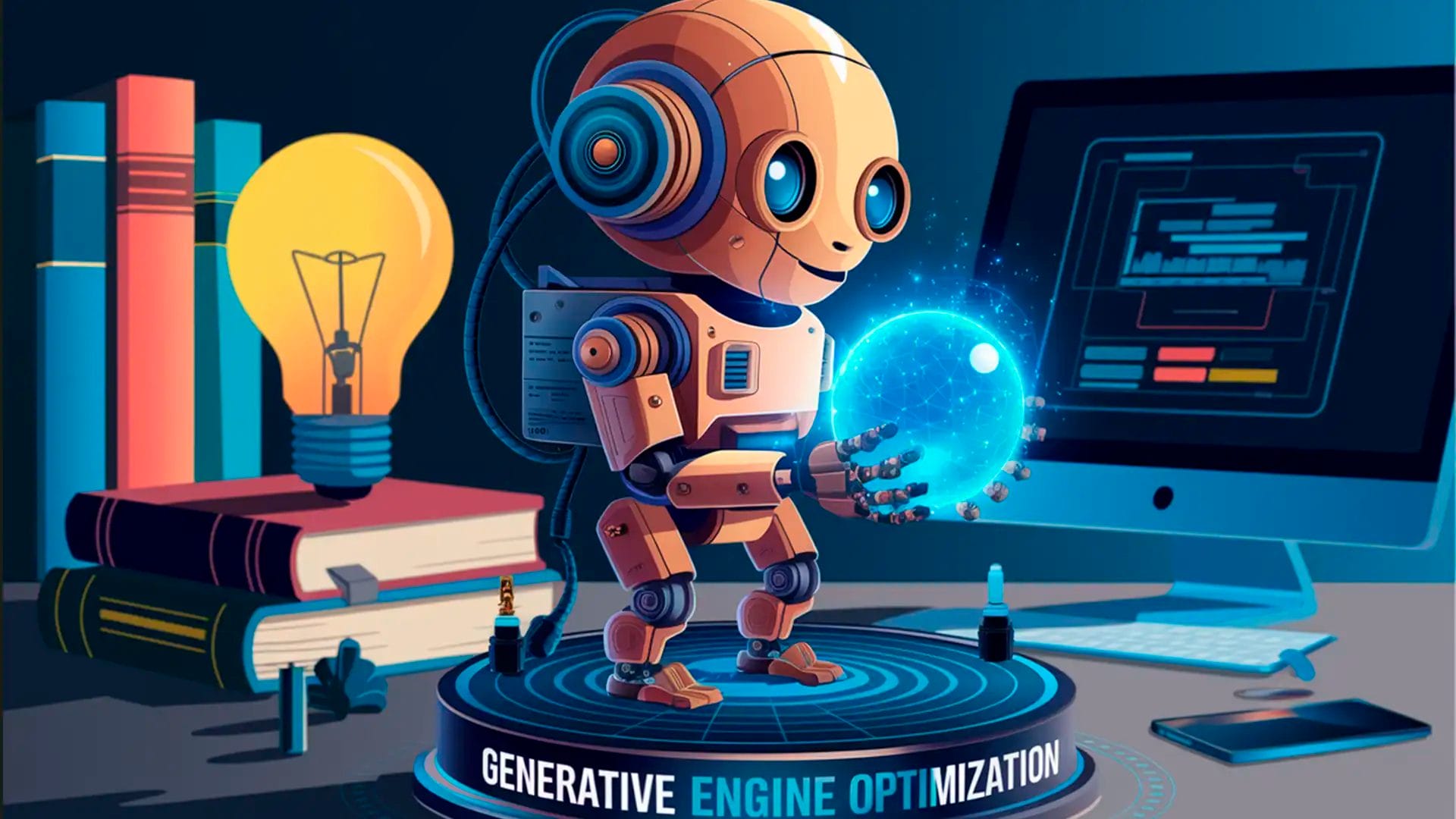 Futuristic digital illustration of a humanoid robot standing on a platform labeled 'Generative Engine Optimization,' holding a glowing blue holographic sphere. A computer monitor displaying data, a stack of books, and a glowing light bulb are in the background, symbolizing AI, knowledge, and digital innovation.