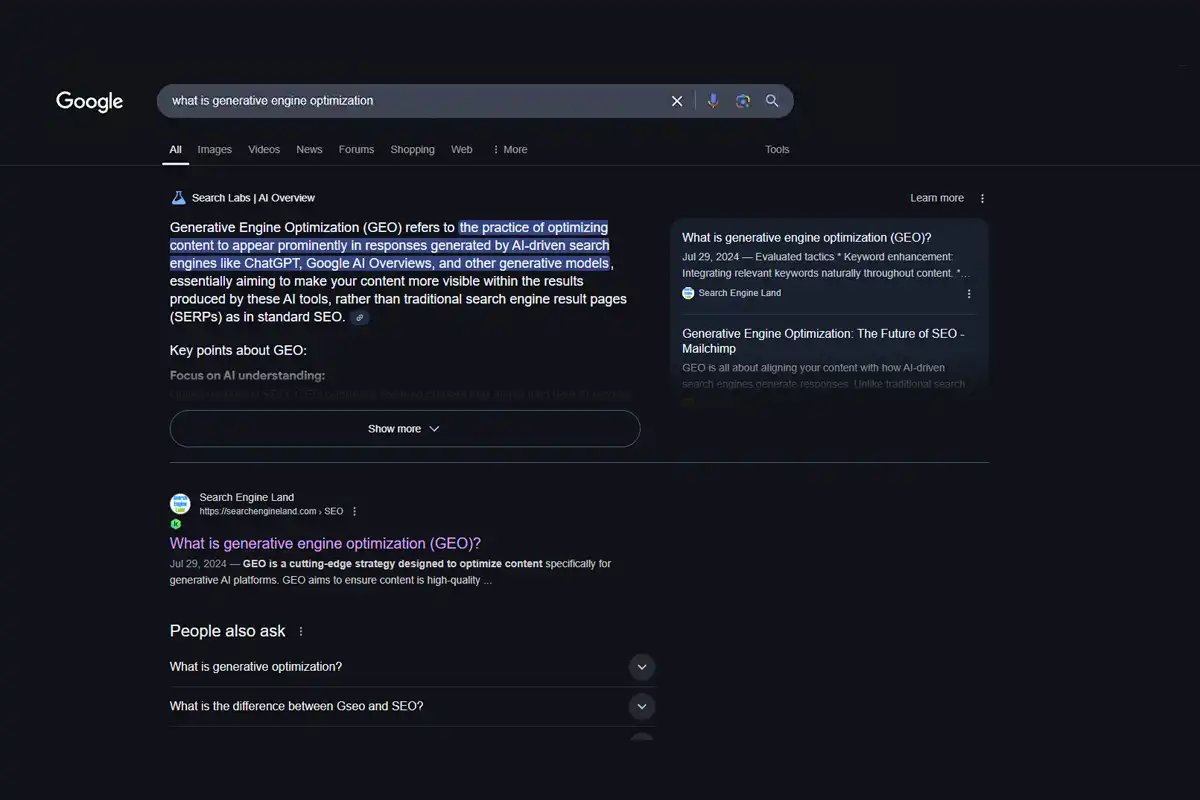 Comparison between seo vs geo. Google search results page in dark mode showing information on 'What is Generative Engine Optimization (GEO)?'. The top result from Google’s Search Labs AI Overview defines GEO as optimizing content for AI-driven search engines. Additional results from different website articles discuss GEO strategies, with a 'People also ask' section listing related questions.