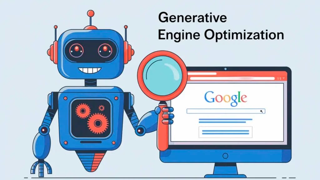 Illustration of a smiling blue robot holding a magnifying glass next to a computer displaying a Google search page. The text 'Generative Engine Optimization' is written above, symbolizing AI-driven search optimization. The robot has visible gears in its chest and a futuristic design. Concept art of seo vs geo.