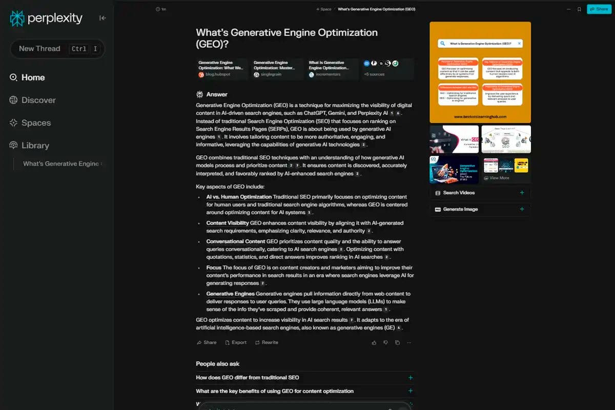 Testing how to do generic engine optimization. Perplexity AI search results page in dark mode answering the query 'What is Generative Engine Optimization (GEO)?'. The response explains GEO as a strategy for optimizing content for AI-driven search engines, listing key aspects like AI vs. human optimization, content visibility, and conversational content. A 'People also ask' section includes related questions, while the right panel displays related media and search tools.