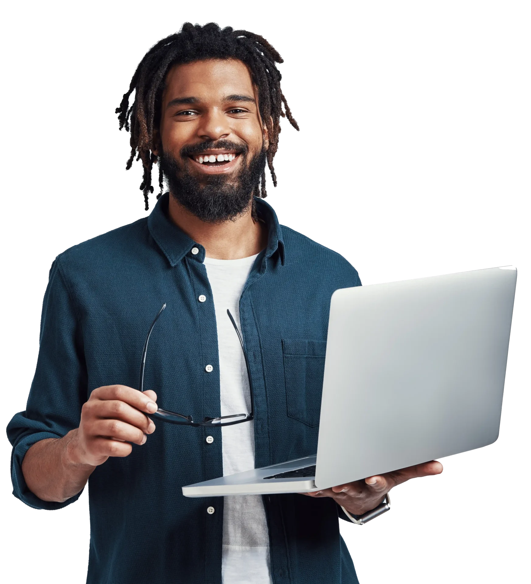 charming young african man in eyewear using laptop