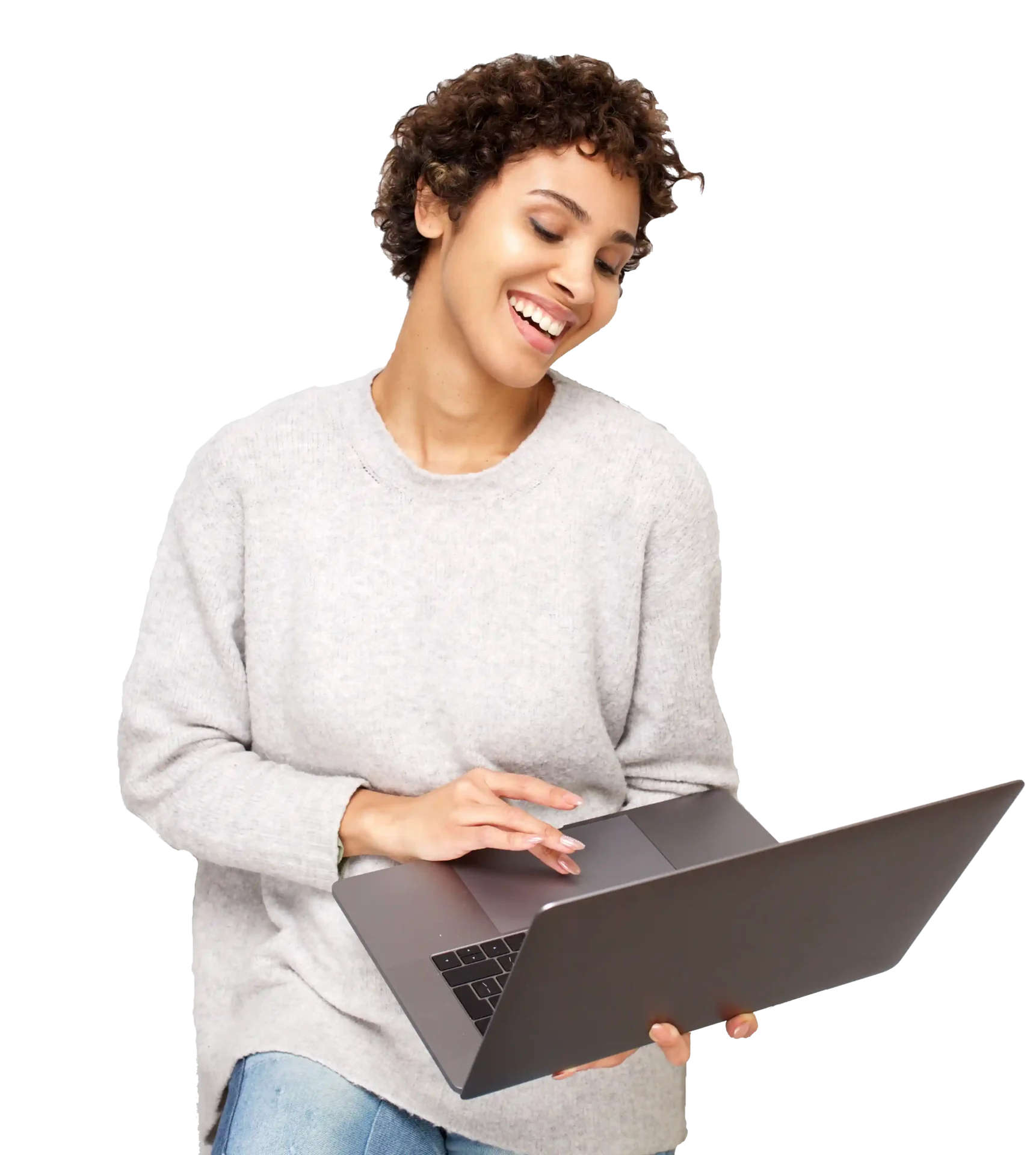 happy young african american woman smiling by whit a laptop