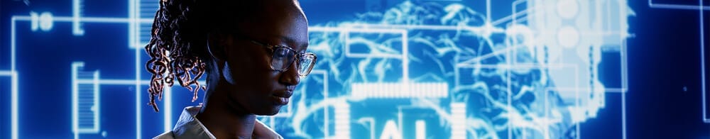 An AI expert stands in profile against a digital blue background featuring abstract technological patterns and brain imagery.