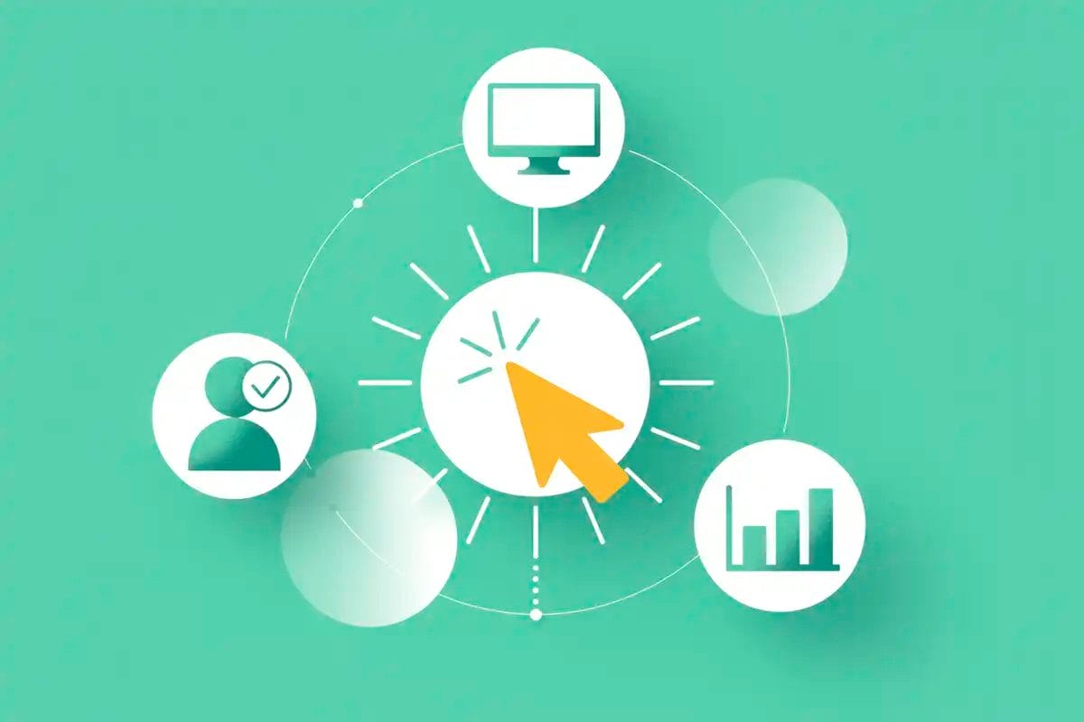 minimalist graphic showing a yellow cursor clicking a central button, surrounded by icons of a user with a checkmark, a computer monitor, and a bar chart, symbolizing google ad services