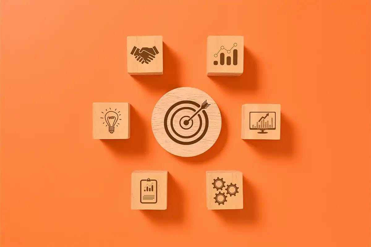 wooden blocks on an orange background with a central bullseye target surrounded by icons of a handshake, bar chart, computer graph, gears, clipboard, and lightbulb, symbolizing social media advertising services