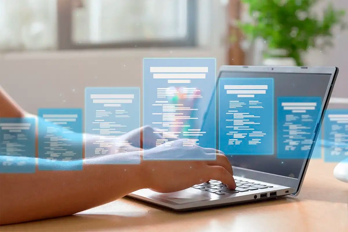 a person typing on a laptop with multiple semi transparent digital data windows or documents floating in the air, symbolizing google maps services citaitons