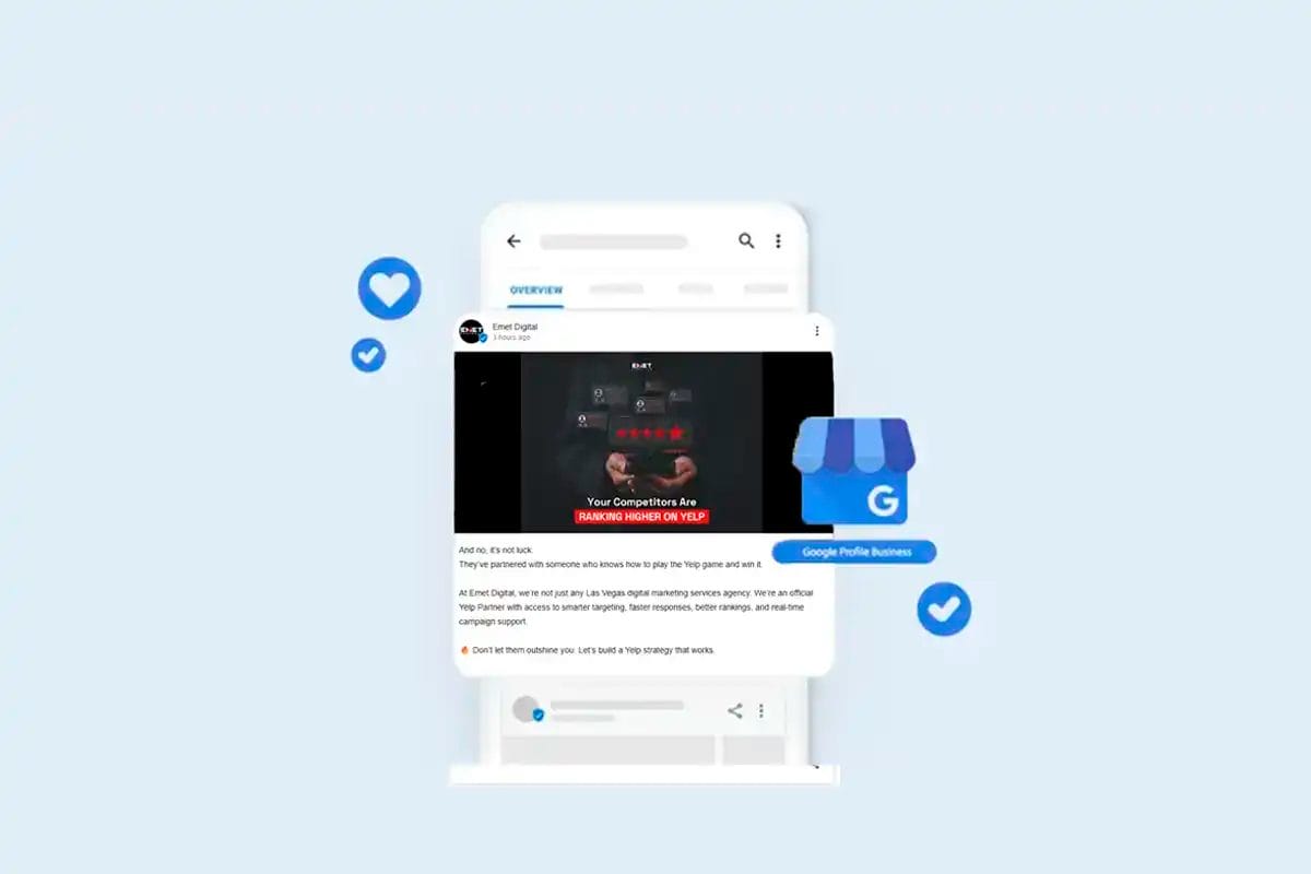 a promotional digital mockup showing a google business profile post from emet digital