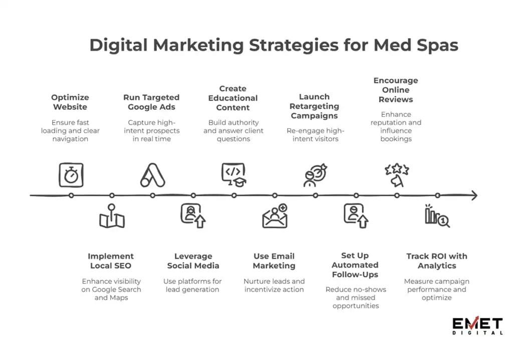 Infographic titled "Digital Marketing Strategies for Med Spas" showing a timeline with icons and steps: optimize website, run targeted Google ads, create educational content, launch retargeting campaigns, encourage online reviews, implement local SEO, leverage social media, use email marketing, set up automated follow-ups, and track ROI with analytics. Includes Emet Digital logo.
