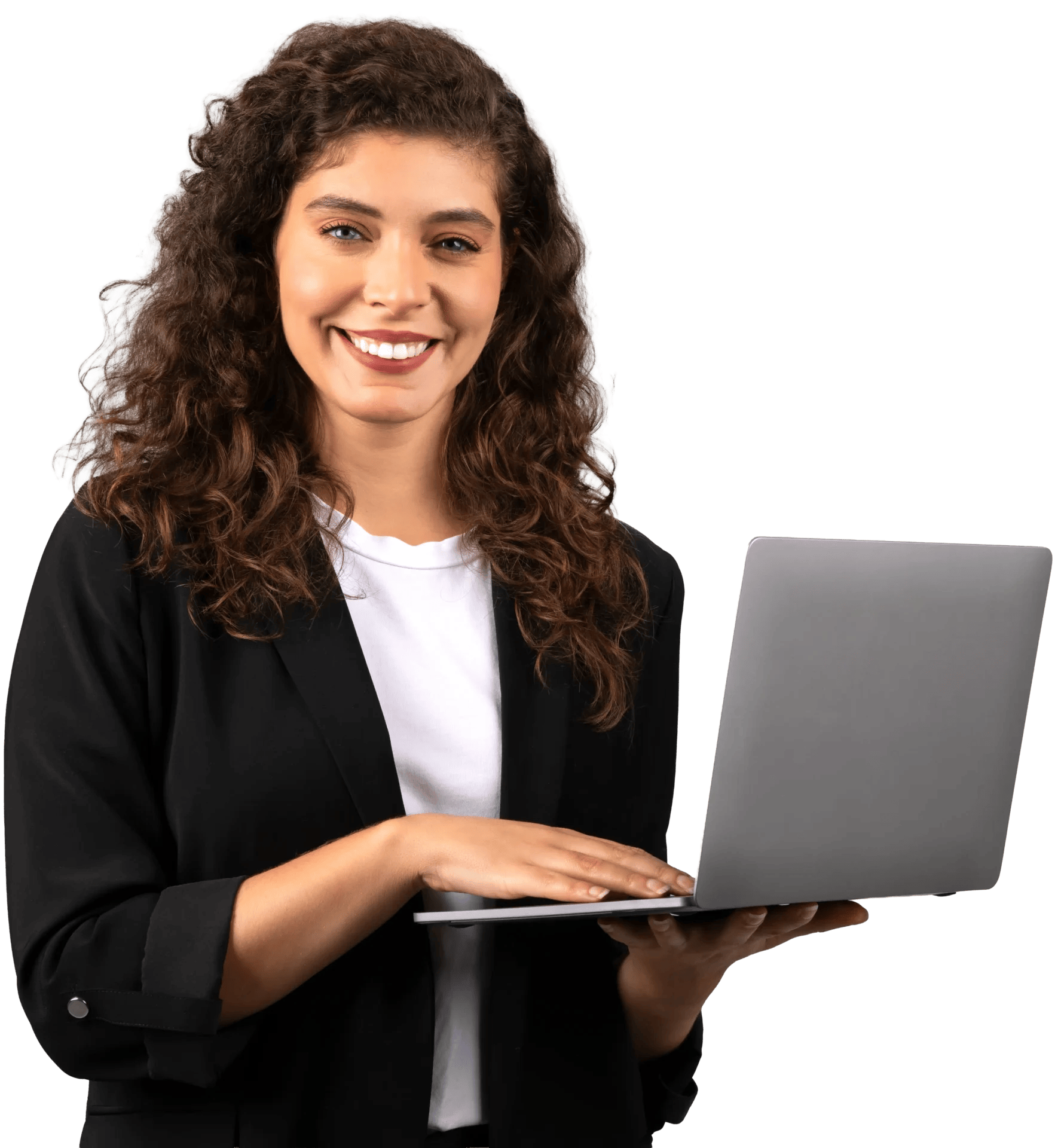 smiling businesswoman working on laptop